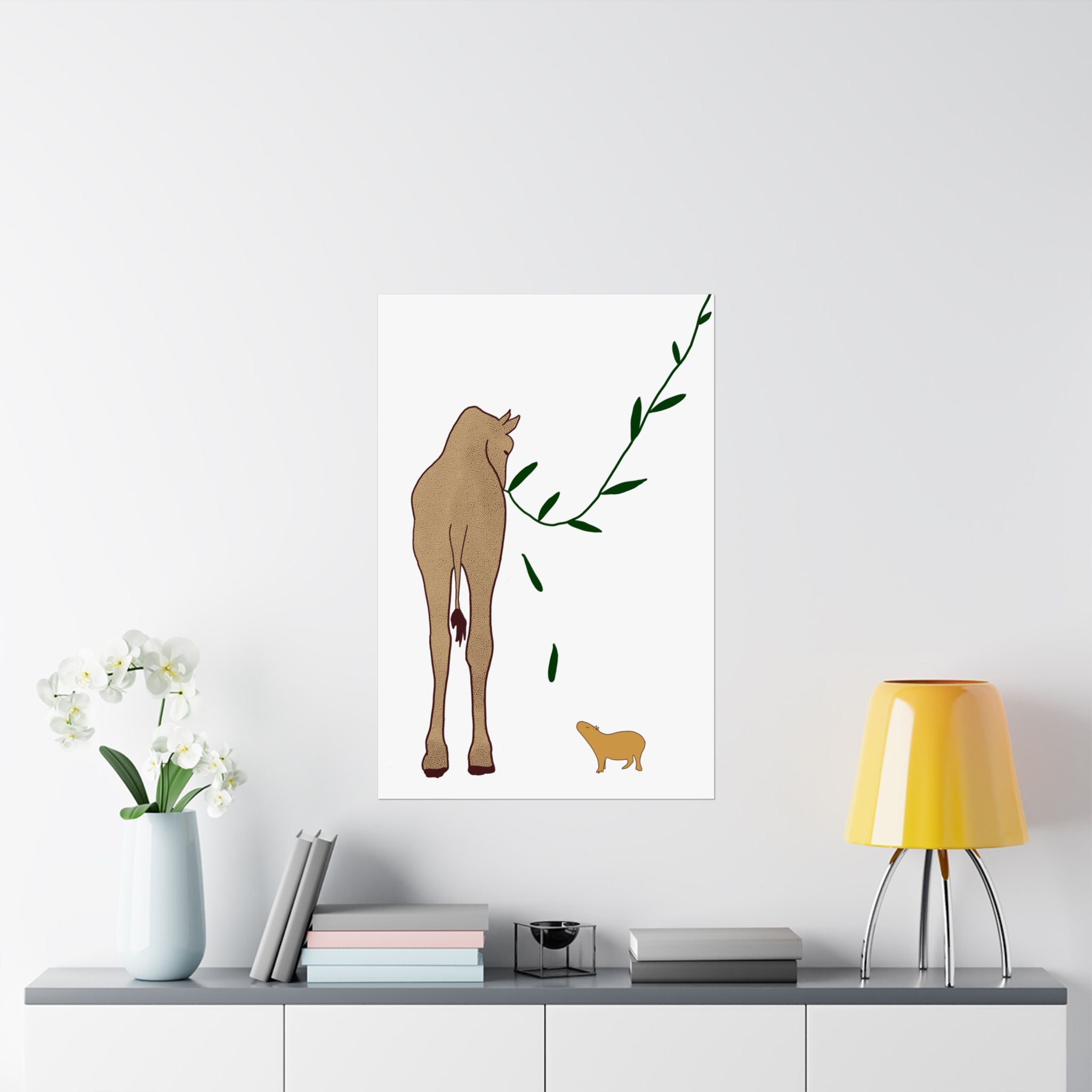 Capy Life minimalist wall art print featuring a giraffe and capybara in a modern neutral living room setting.