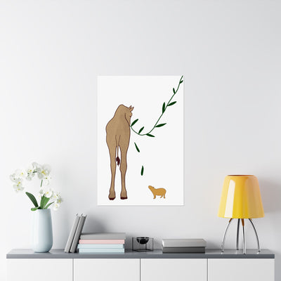 Capy Life minimalist wall art print featuring a giraffe and capybara in a modern neutral living room setting.