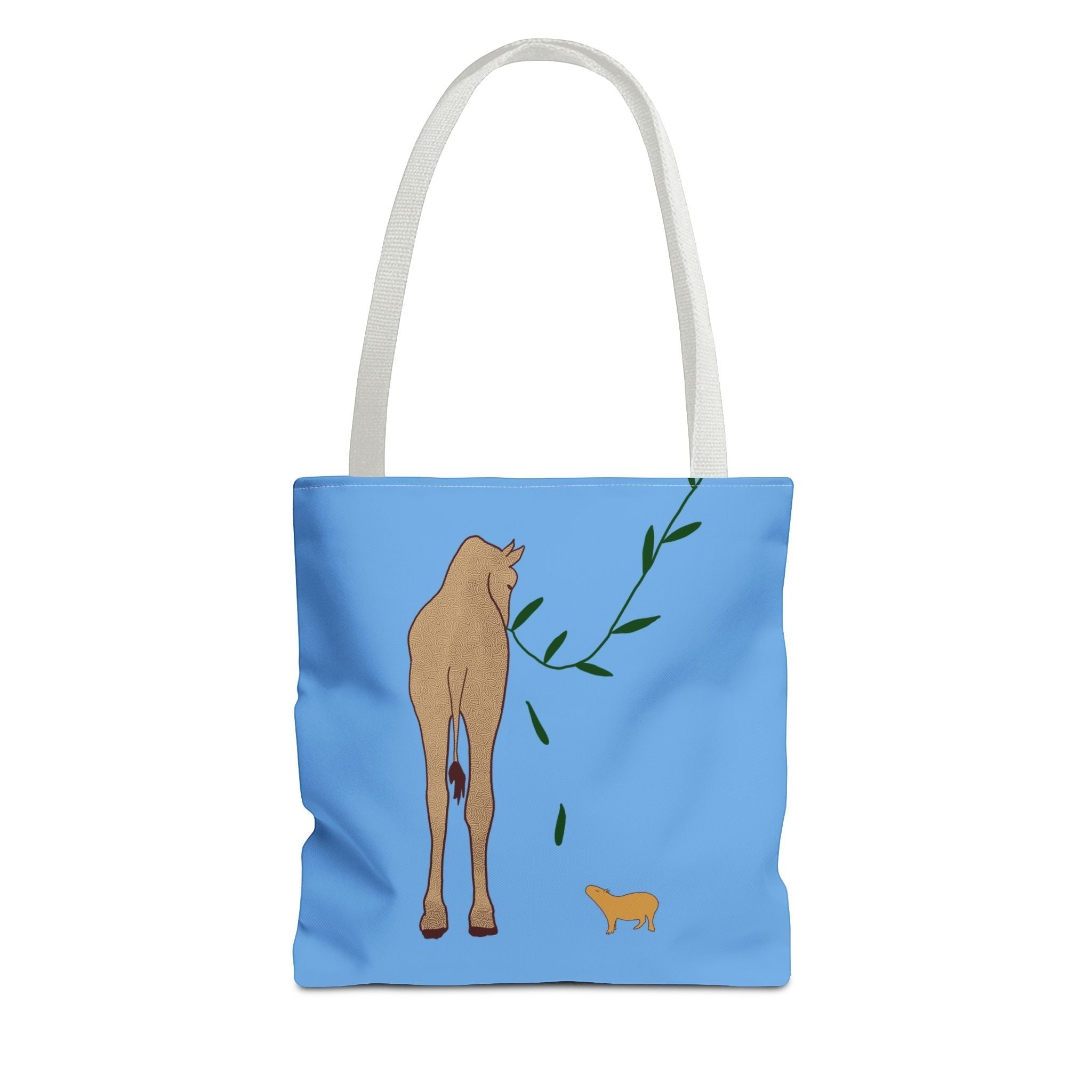 Capy Life minimalist tote bag in light blue with a graphic illustration of a giraffe and a small capybara