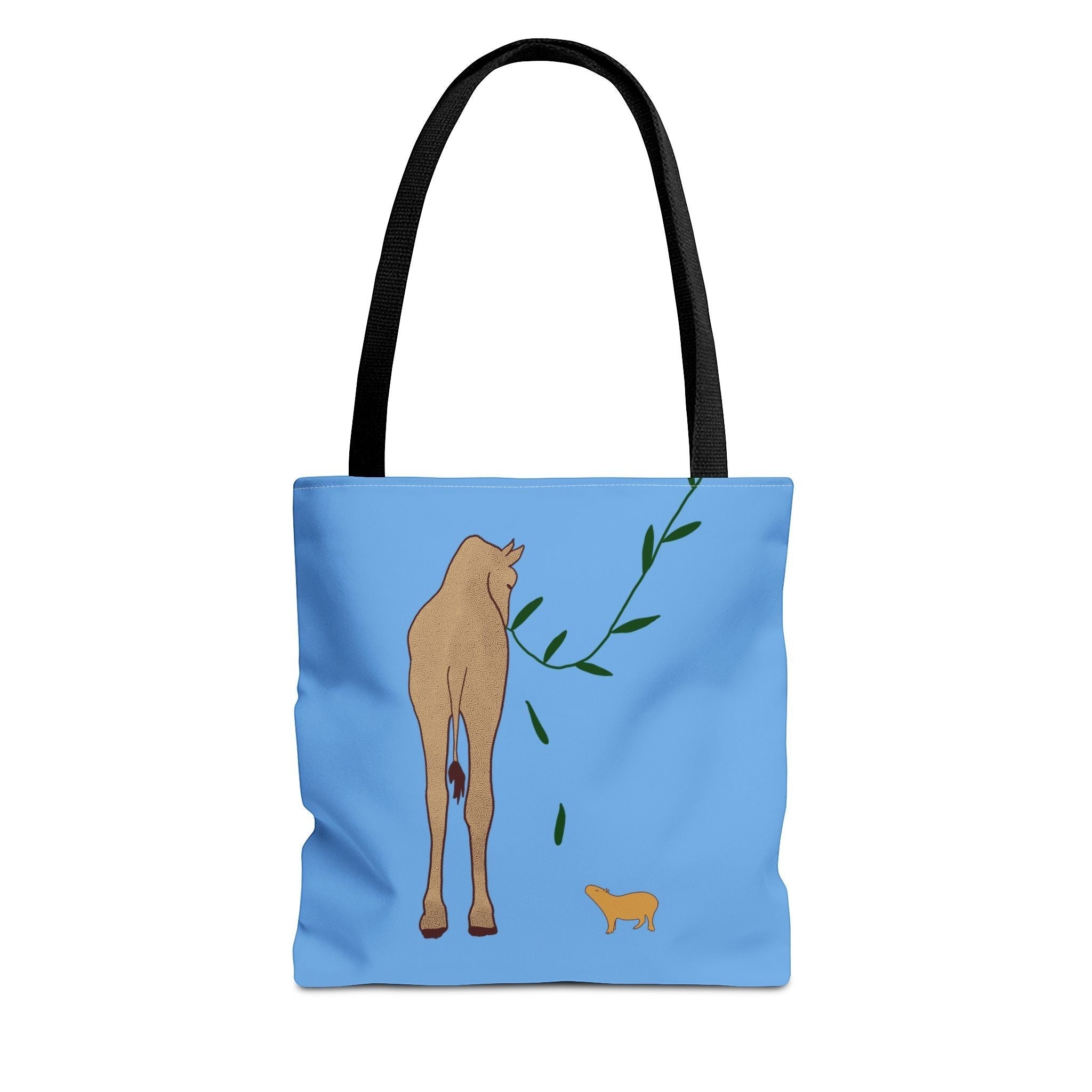 Capy Life minimalist tote bag in light blue with a simple illustration of a giraffe and a small capybara