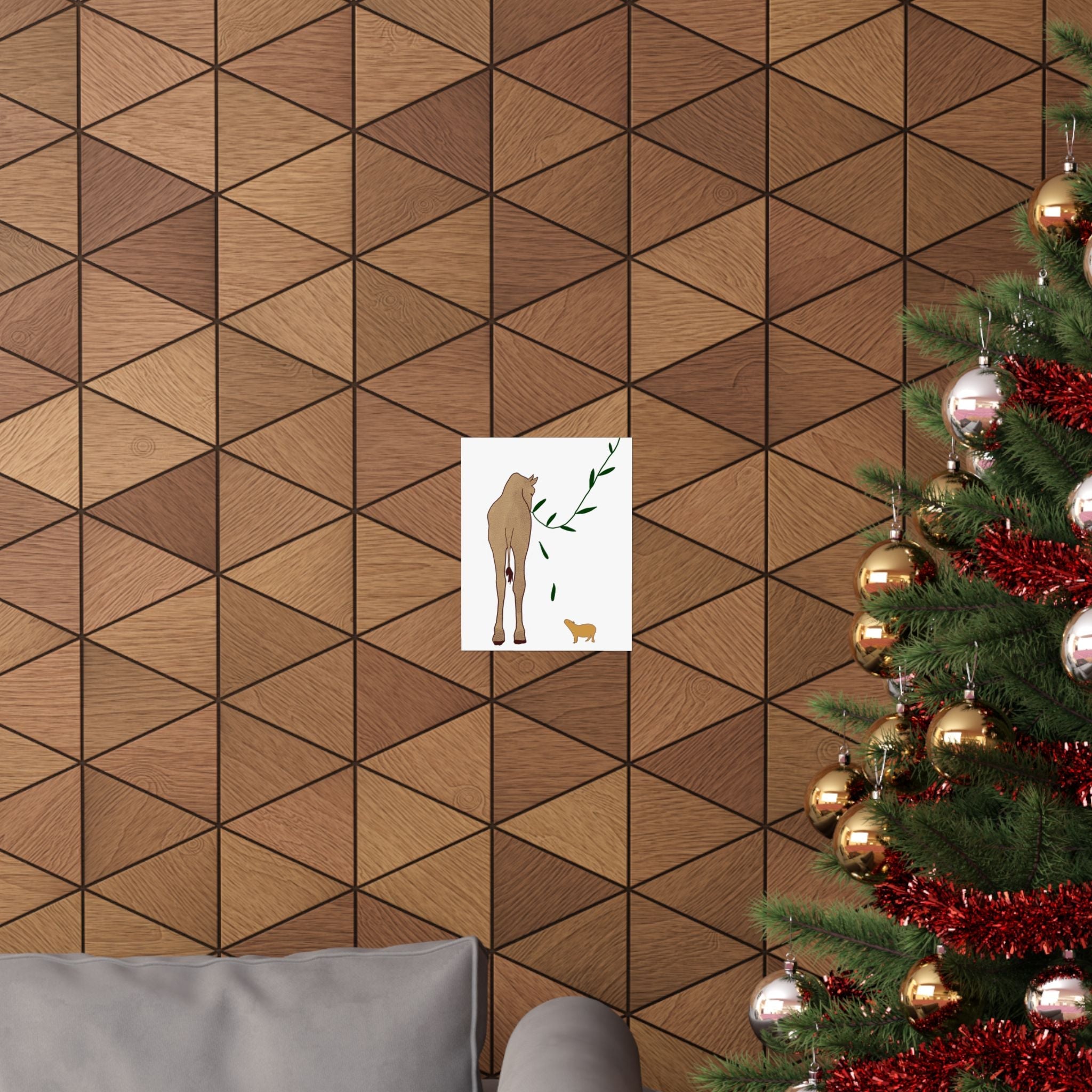 Capy Life minimalist wall art print featuring a giraffe and capybara, displayed on a modern wood-paneled wall.
