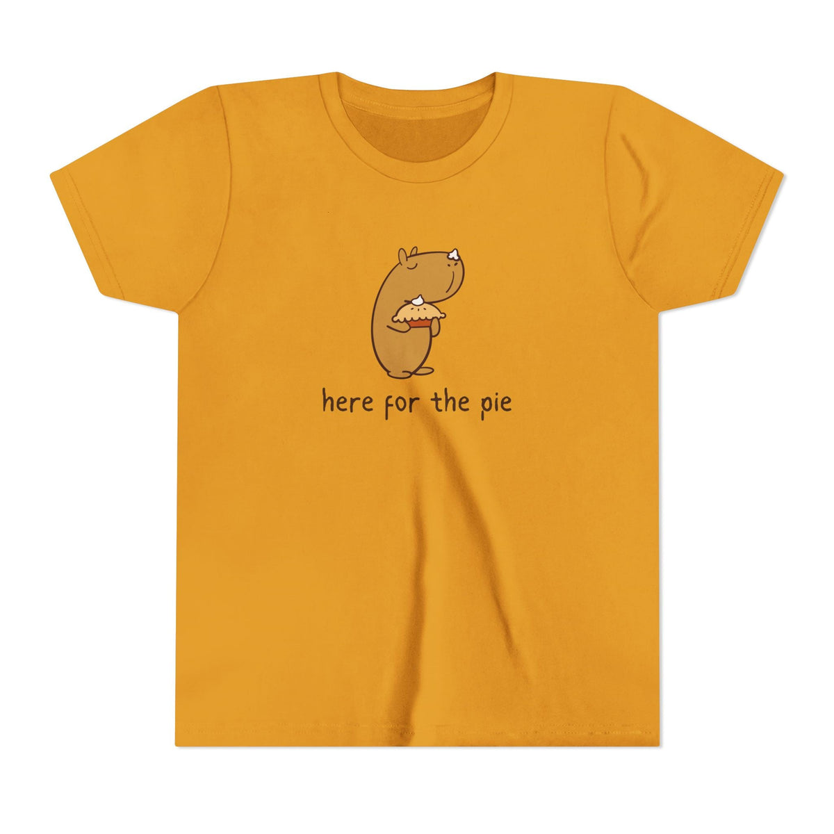 Capy Life kids t-shirt in mustard yellow featuring a cute capybara holding a pie with the text here for the pie