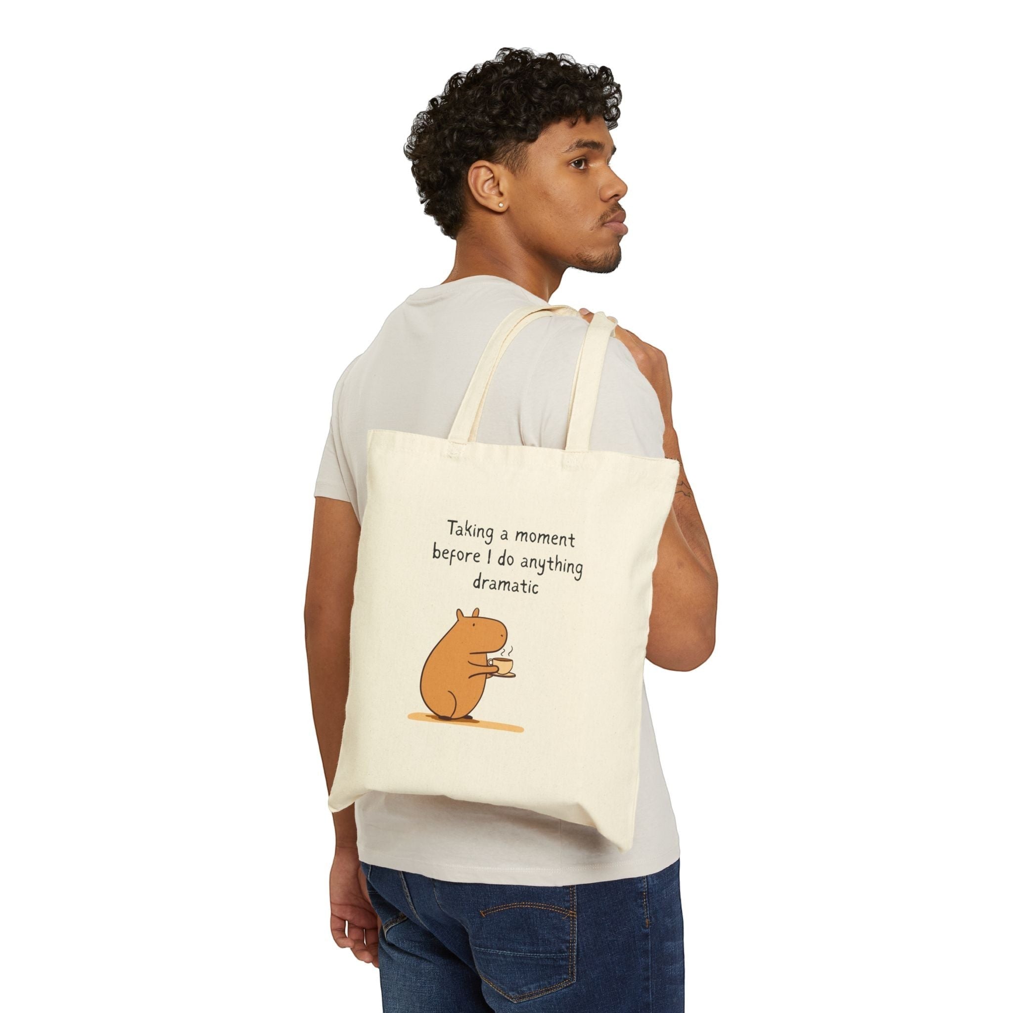 Capy Life natural cotton canvas tote bag featuring a capybara drinking coffee with funny text on a person's shoulder