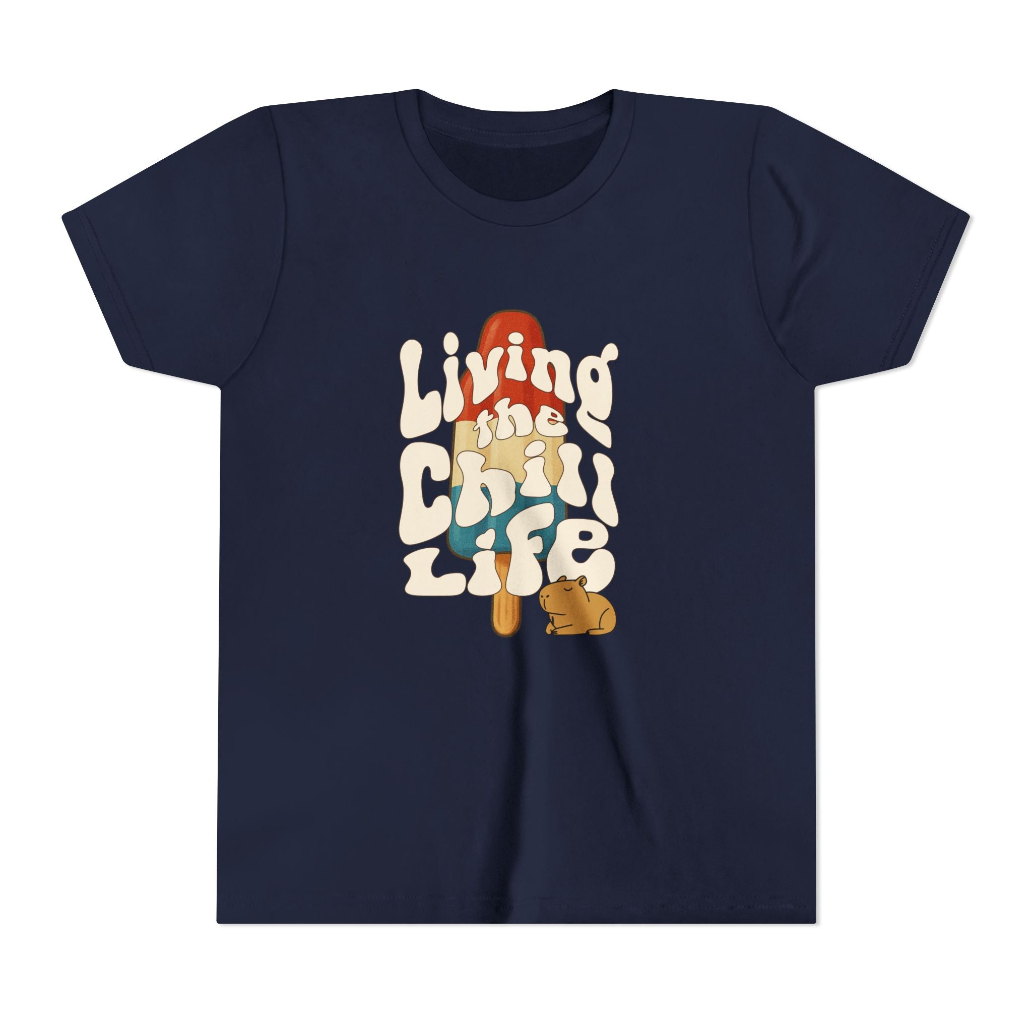 Capy Life navy blue youth t-shirt featuring a retro graphic of a popsicle and a capybara with groovy text.