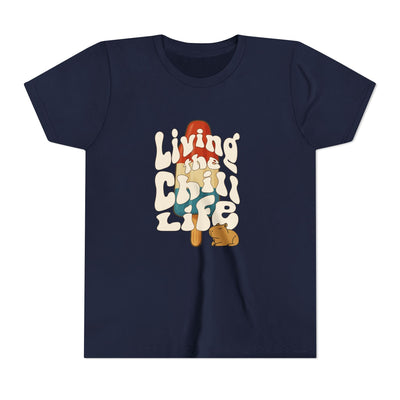 Capy Life navy blue youth t-shirt featuring a retro graphic of a popsicle and a capybara with groovy text.