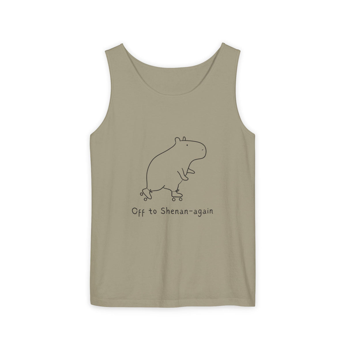 Capy Life olive green tank top featuring a minimalist line drawing of a capybara on roller skates with text.