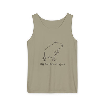 Capy Life olive green tank top featuring a minimalist line drawing of a capybara on roller skates with text.