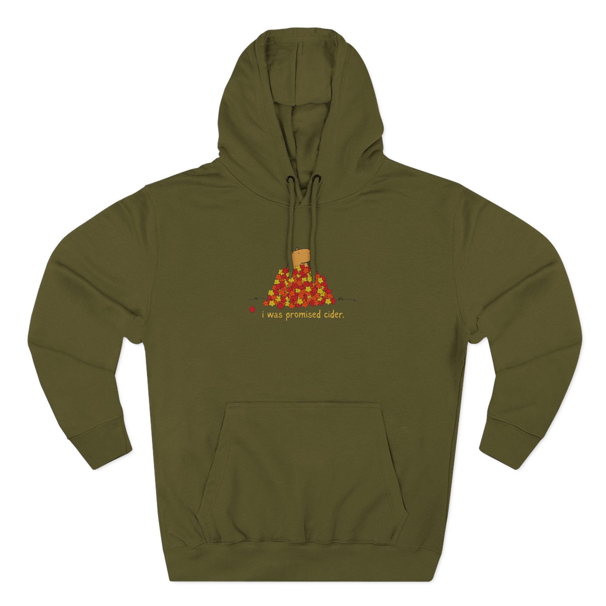 Capy Life olive green fleece hoodie featuring a cute capybara in autumn leaves with the text I was promised cider.