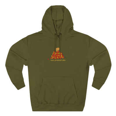 Capy Life olive green fleece hoodie featuring a cute capybara in autumn leaves with the text I was promised cider.