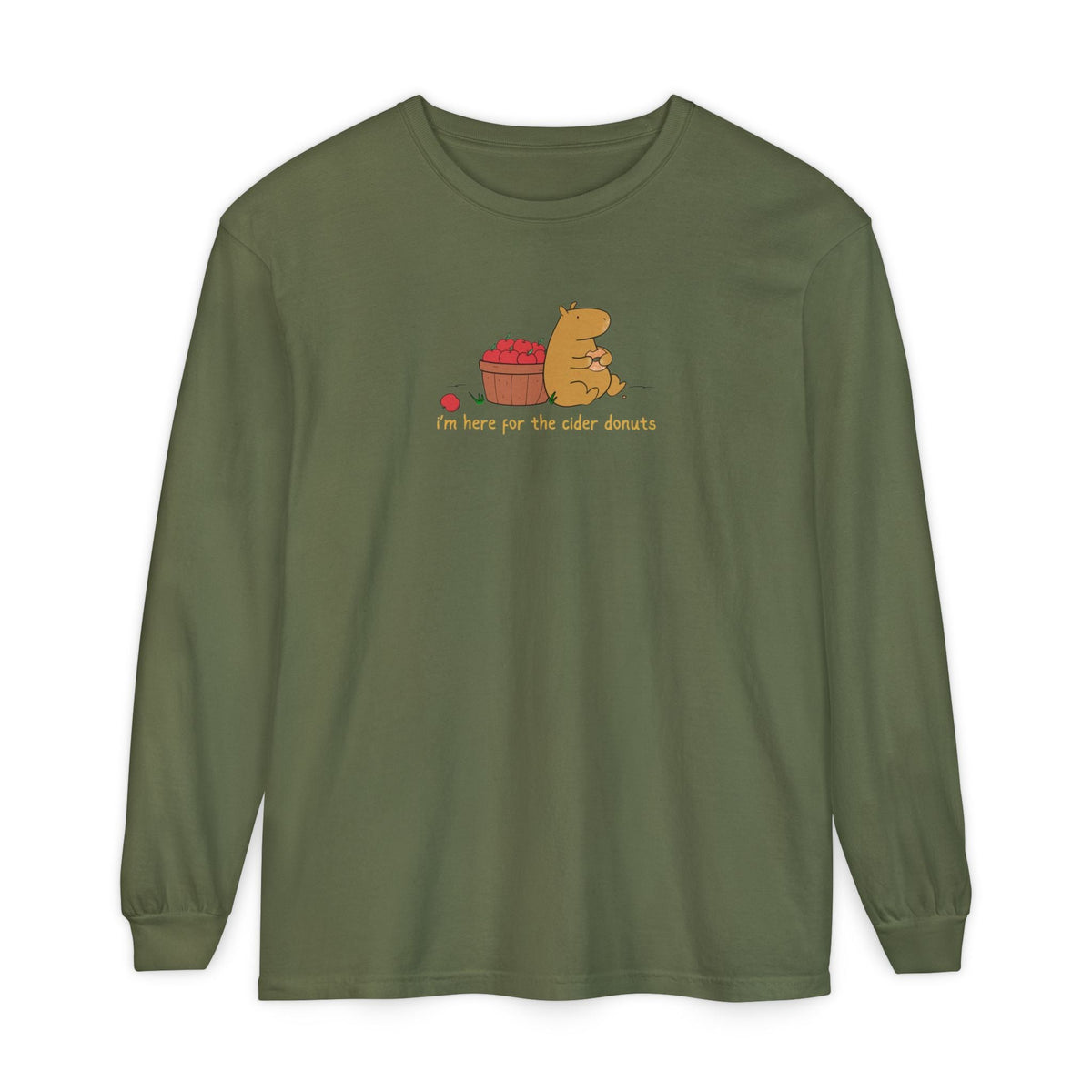 Capy Life olive green long sleeve tee featuring a cute capybara eating a cider donut next to a basket of apples.