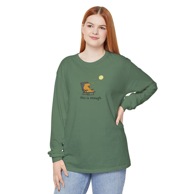 Capy Life long sleeve tee in olive green featuring a capybara in a chair under a moon with the text this is enough