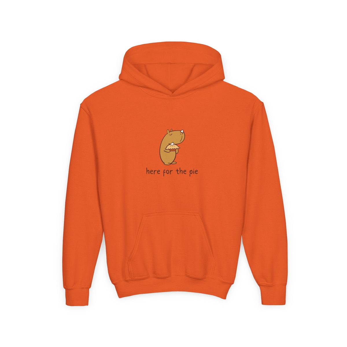 Capy Life kids orange hoodie featuring a cute illustration of Gene the capybara holding a slice of pie.