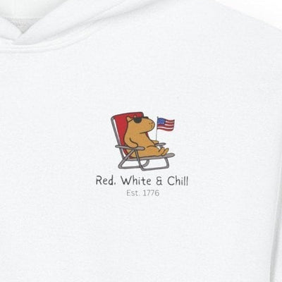 Capy Life white kids hoodie featuring a graphic of a capybara in sunglasses lounging with an American flag