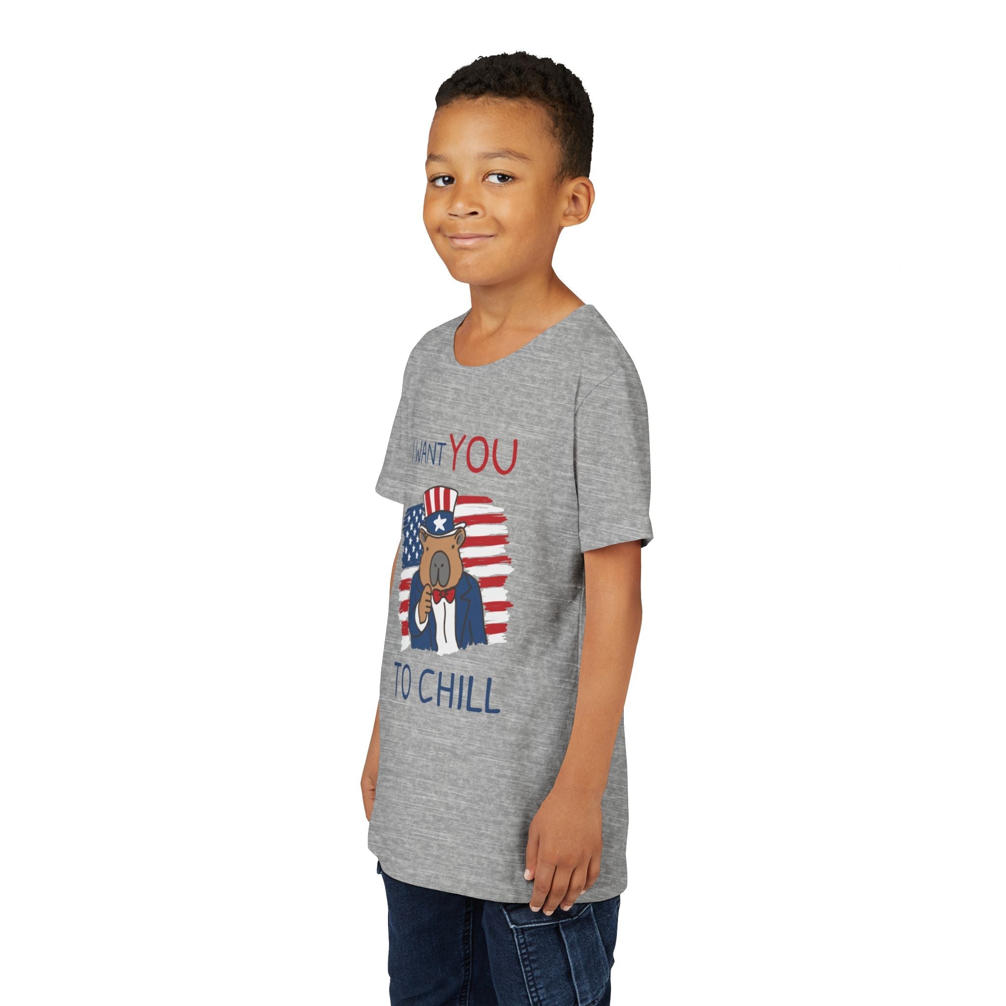 Capy Life kids grey t-shirt featuring a patriotic capybara graphic with the text I Want You to Chill