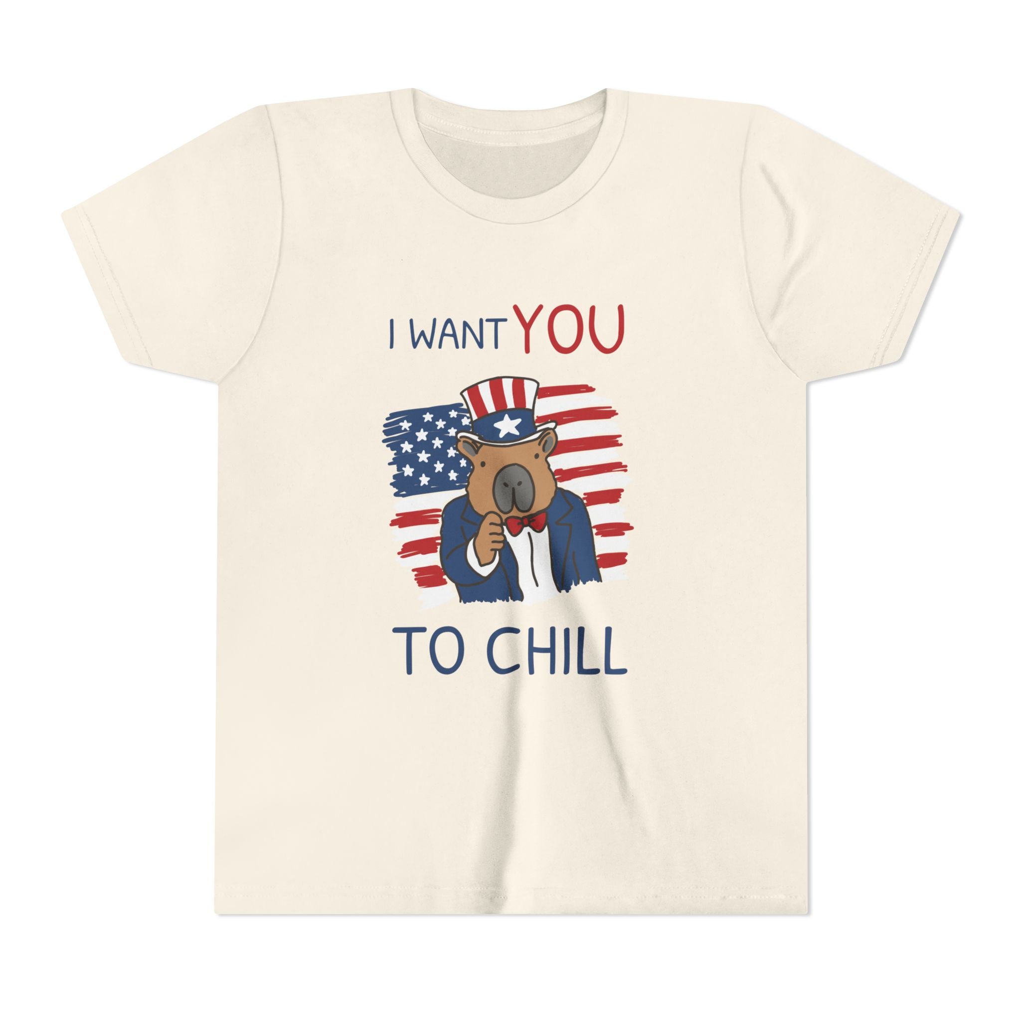 Capy Life kids cream t-shirt featuring a patriotic capybara in an Uncle Sam hat with I Want You to Chill text