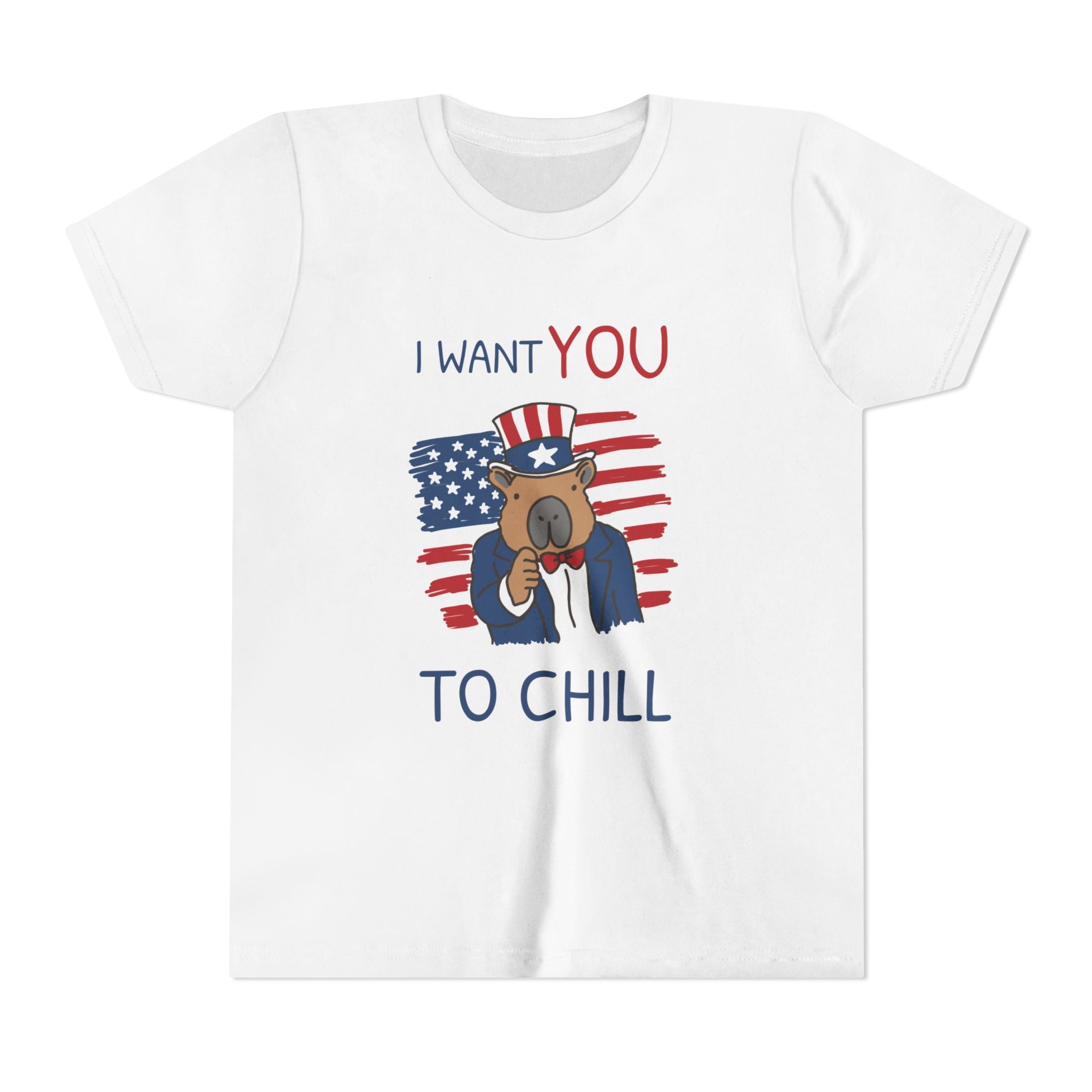 Capy Life white kids t-shirt featuring a patriotic capybara in an Uncle Sam hat with the text I Want You To Chill