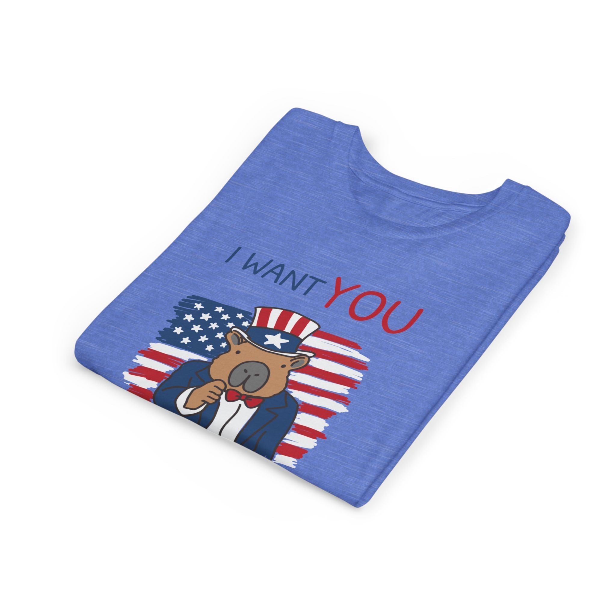 Capy Life blue kids t-shirt featuring a patriotic capybara in a top hat with the text I Want You to Chill
