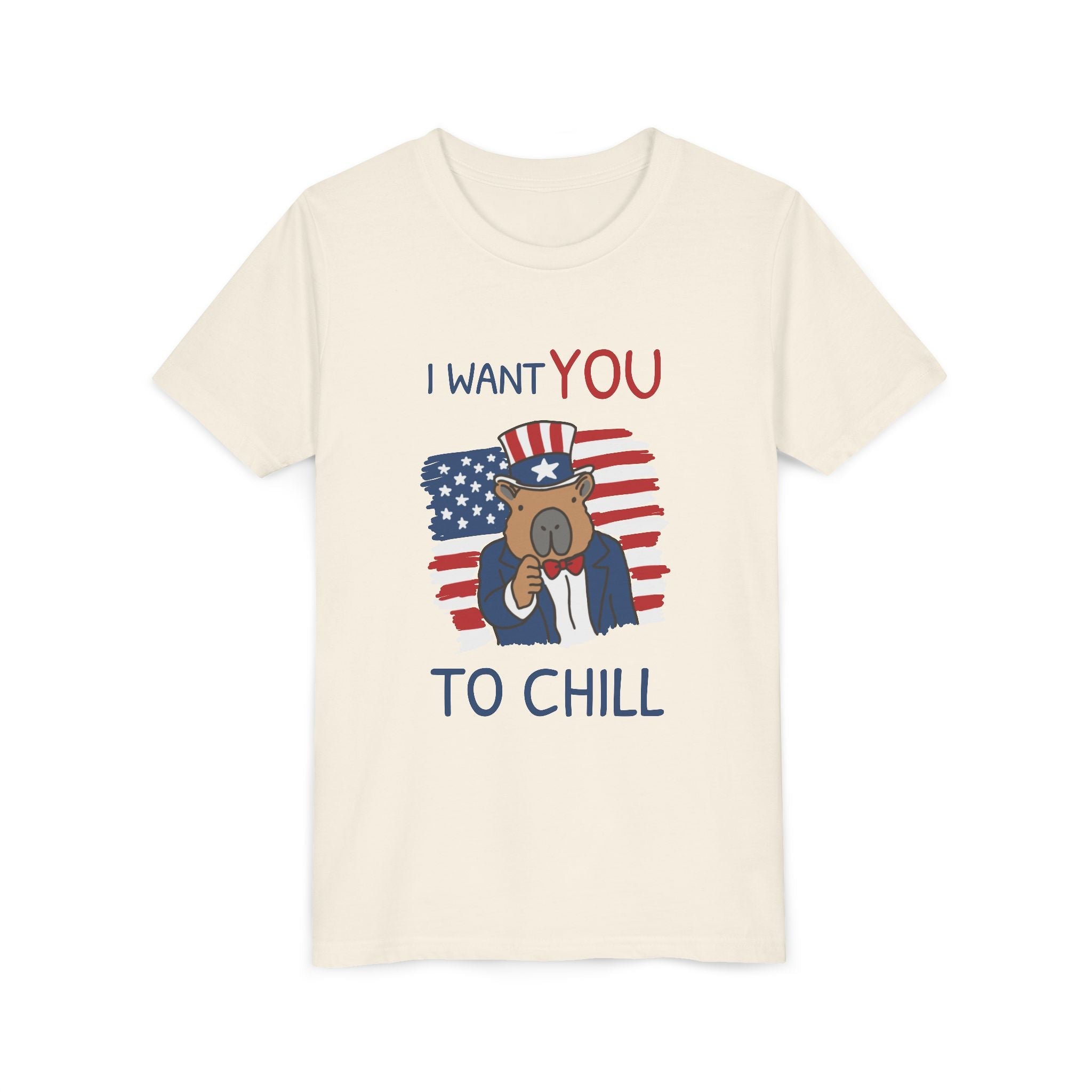 Capy Life kids cream t-shirt featuring a patriotic capybara in an Uncle Sam hat with the text I Want You To Chill