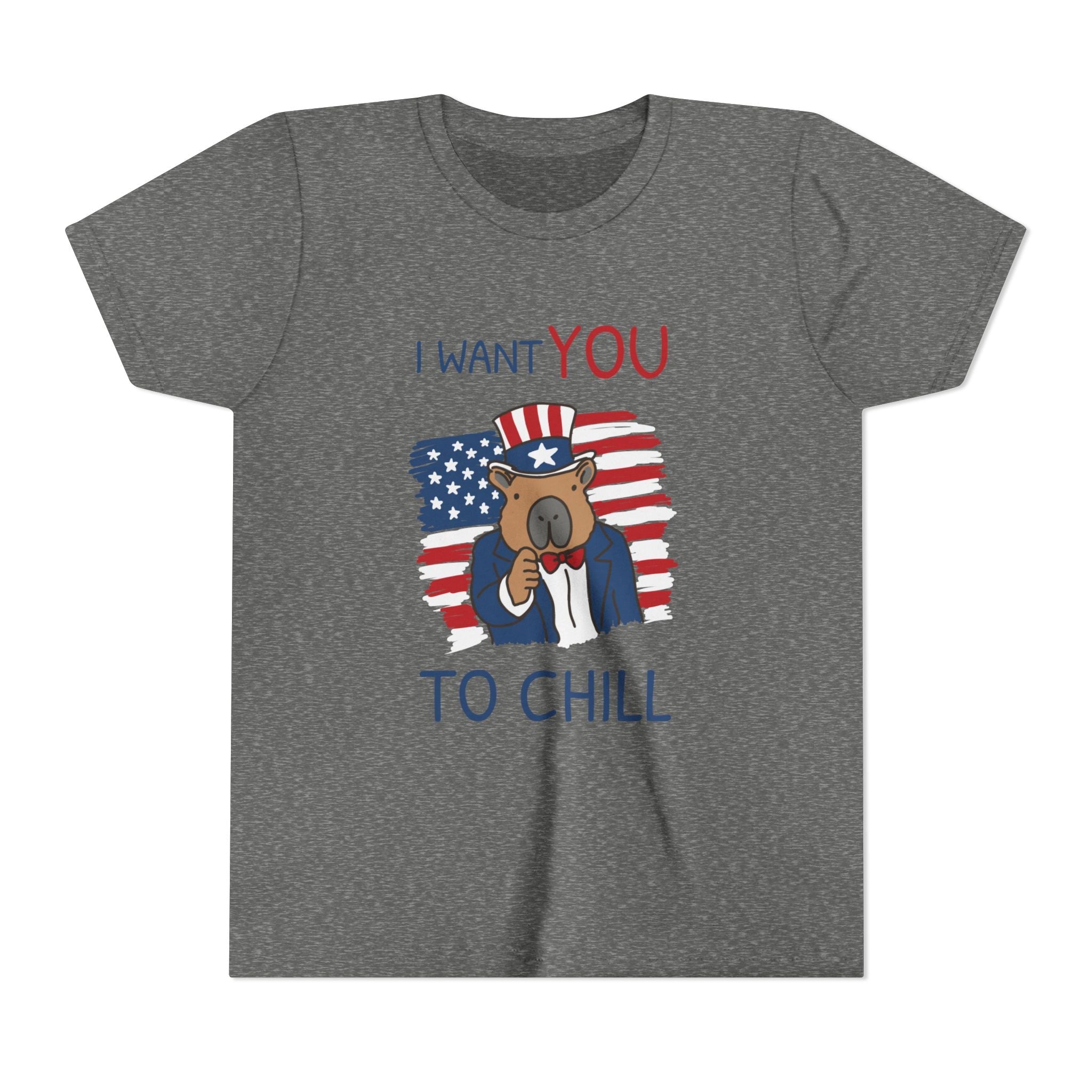 Capy Life grey kids t-shirt featuring a patriotic capybara in an Uncle Sam hat with the text I Want You To Chill