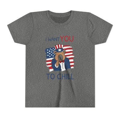 Capy Life grey kids t-shirt featuring a patriotic capybara in an Uncle Sam hat with the text I Want You To Chill