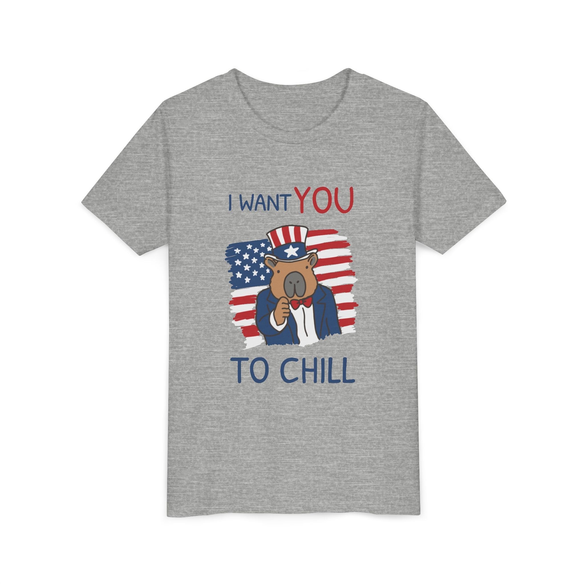 Capy Life grey kids t-shirt featuring a patriotic capybara dressed as Uncle Sam with the text I Want You To Chill