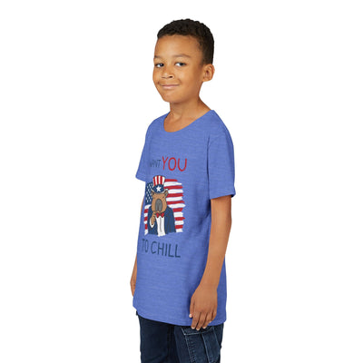 Capy Life blue kids t-shirt with a patriotic capybara graphic and I Want You to Chill text on a young boy