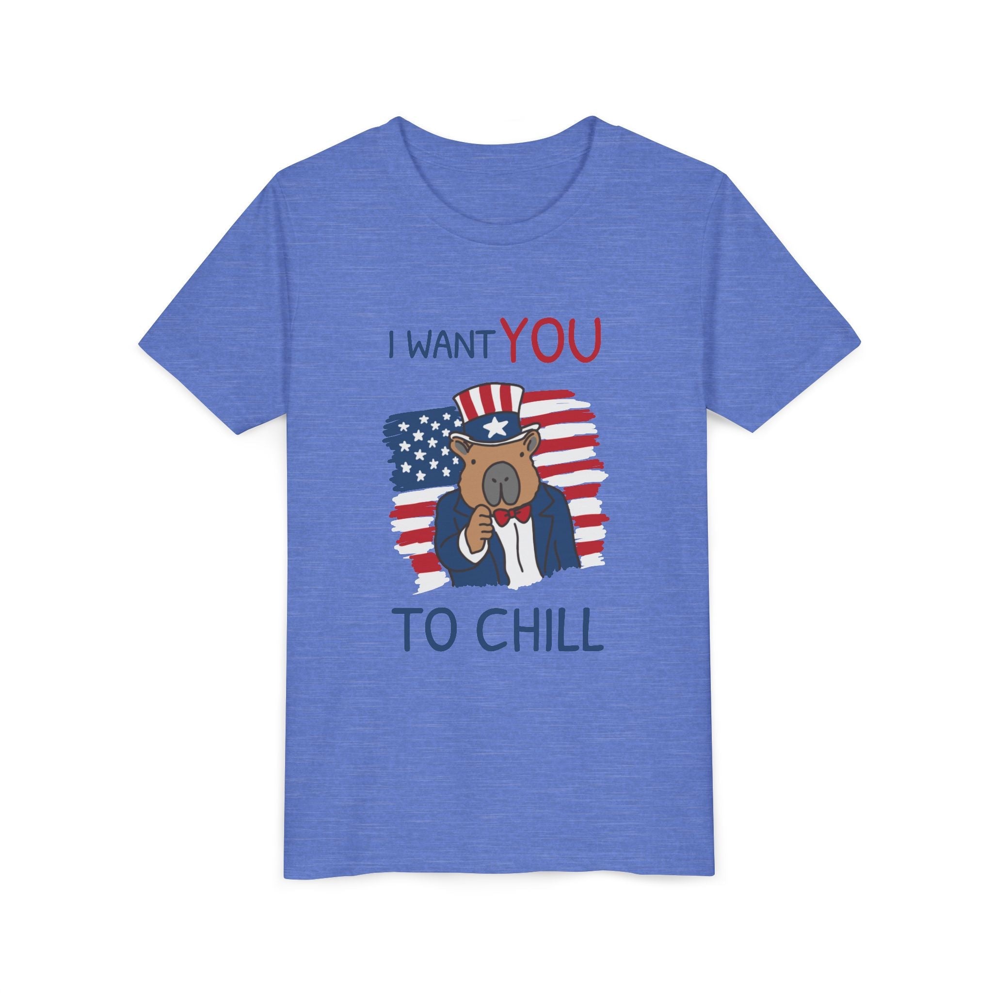 Capy Life kids blue t-shirt featuring a patriotic capybara in a top hat with the text I Want You To Chill
