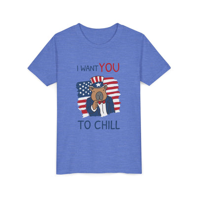 Capy Life kids blue t-shirt featuring a patriotic capybara in a top hat with the text I Want You To Chill