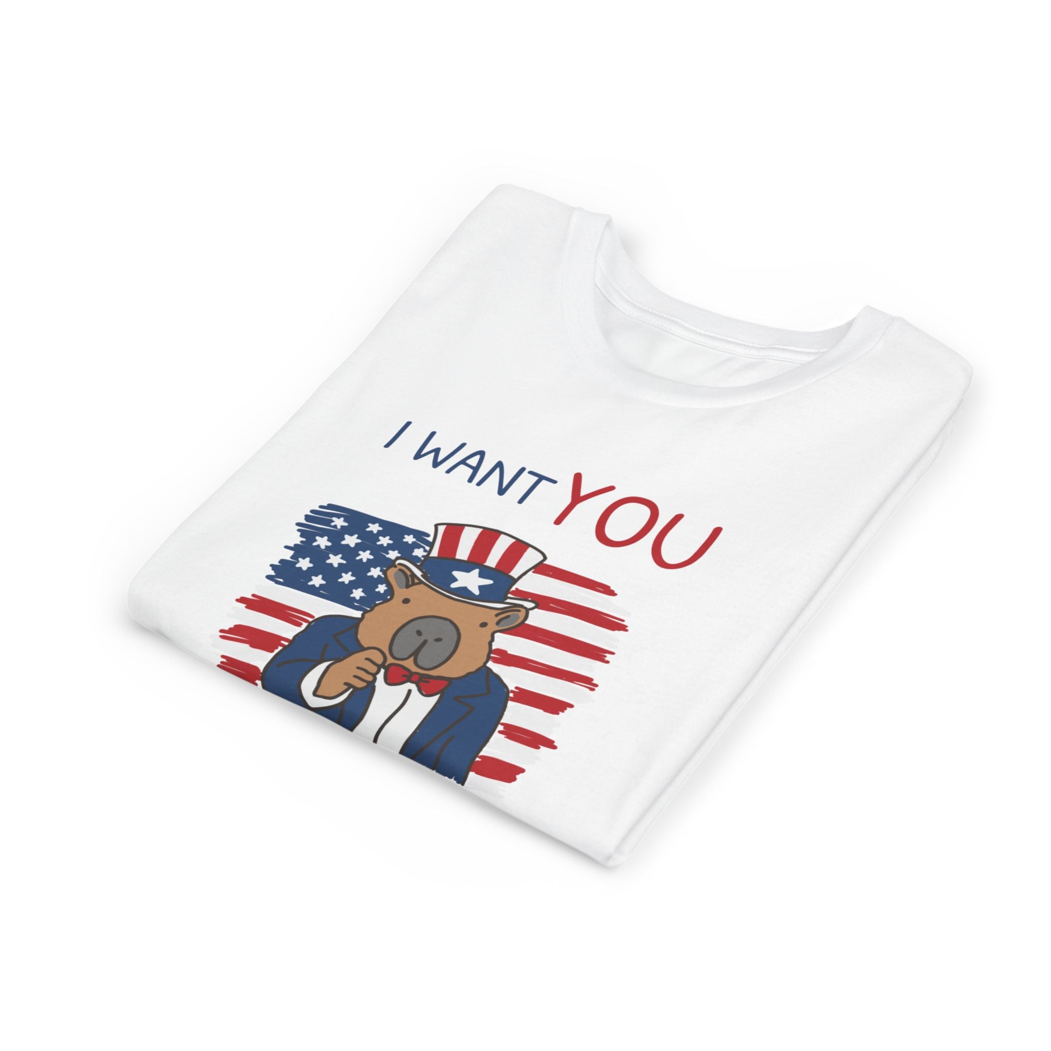 Capy Life white kids t-shirt featuring a patriotic capybara wearing an Uncle Sam hat with I Want You to Chill text.