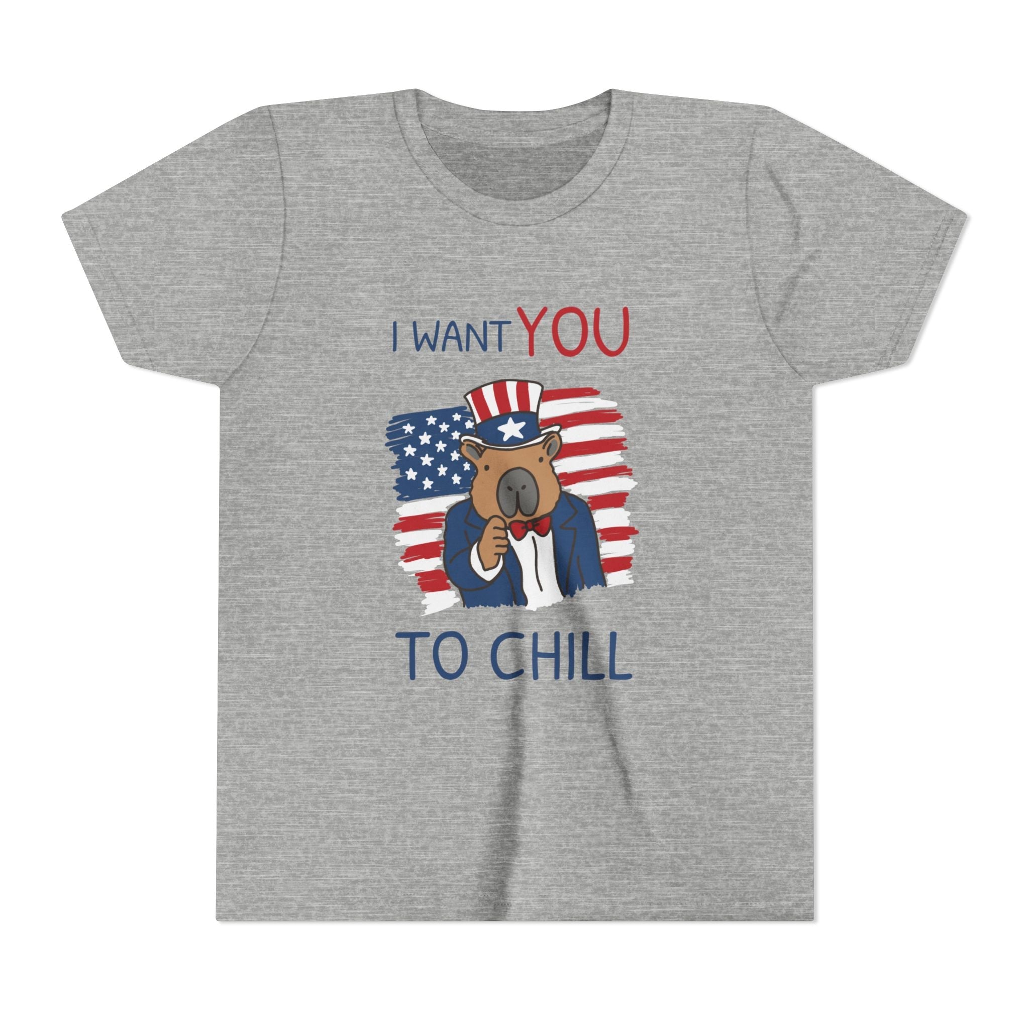 Capy Life kids grey t-shirt featuring a patriotic capybara in an Uncle Sam hat with the text I Want You To Chill