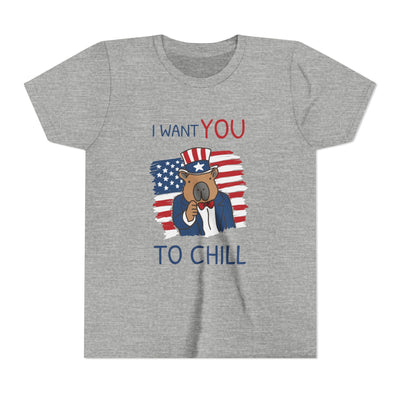 Capy Life kids grey t-shirt featuring a patriotic capybara in an Uncle Sam hat with the text I Want You To Chill
