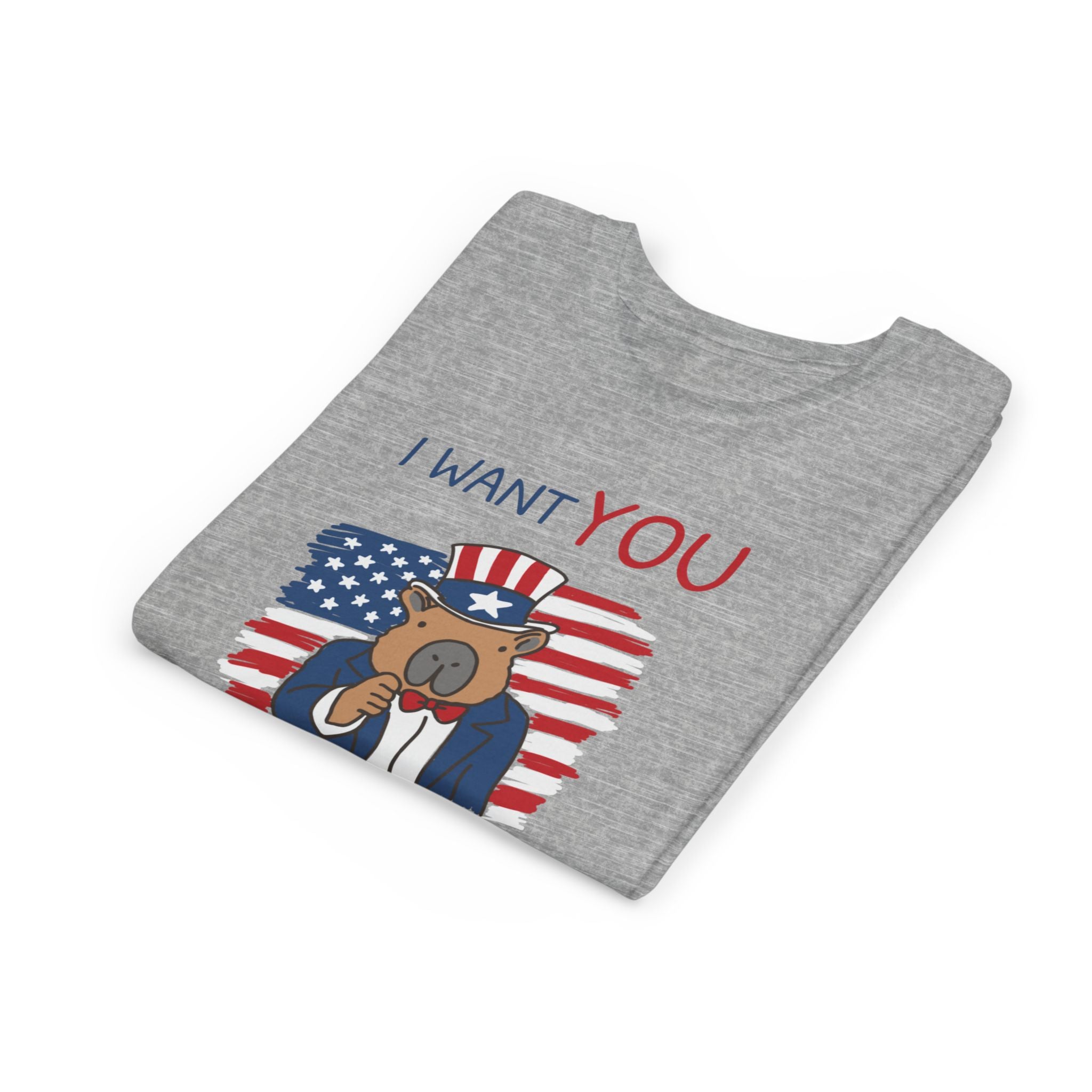 Capy Life grey kids t-shirt featuring a patriotic capybara in an Uncle Sam hat with the text I WANT YOU to chill.