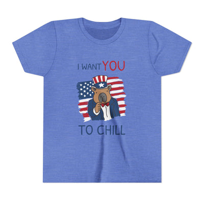 Capy Life blue kids t-shirt featuring a patriotic capybara in an Uncle Sam hat with I Want You to Chill text