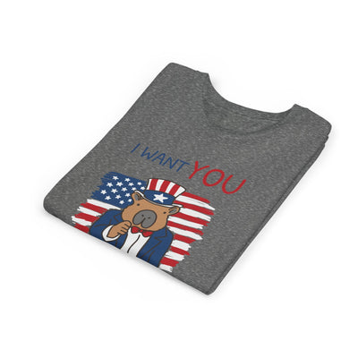 Capy Life kids grey t-shirt featuring a patriotic capybara wearing an Uncle Sam hat with I Want You to Chill text