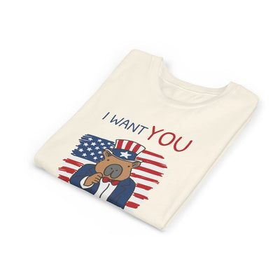 Capy Life kids patriotic t-shirt in cream featuring a capybara in an Uncle Sam hat with I WANT YOU text