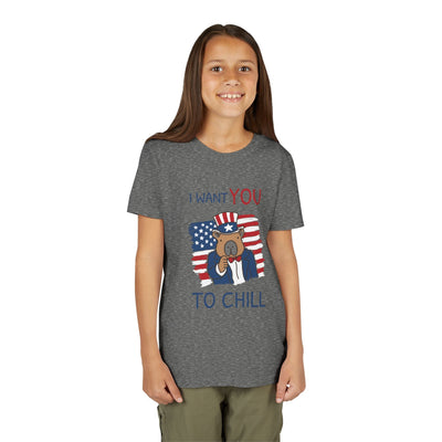 Capy Life kids grey t-shirt featuring a patriotic capybara wearing an Uncle Sam hat with I Want You To Chill text