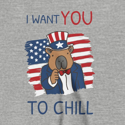 Capy Life kids grey t-shirt featuring a patriotic capybara in an Uncle Sam hat with the text I Want You To Chill