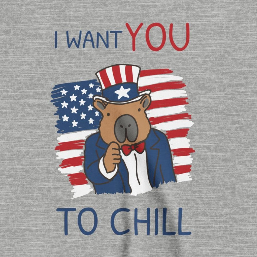 Capy Life kids grey t-shirt featuring a patriotic capybara in an Uncle Sam hat with the text I Want You To Chill