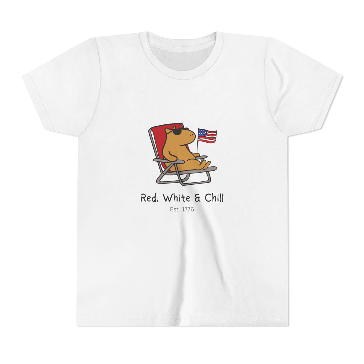 Capy Life white youth t-shirt featuring a graphic of a capybara in sunglasses lounging with an American flag.