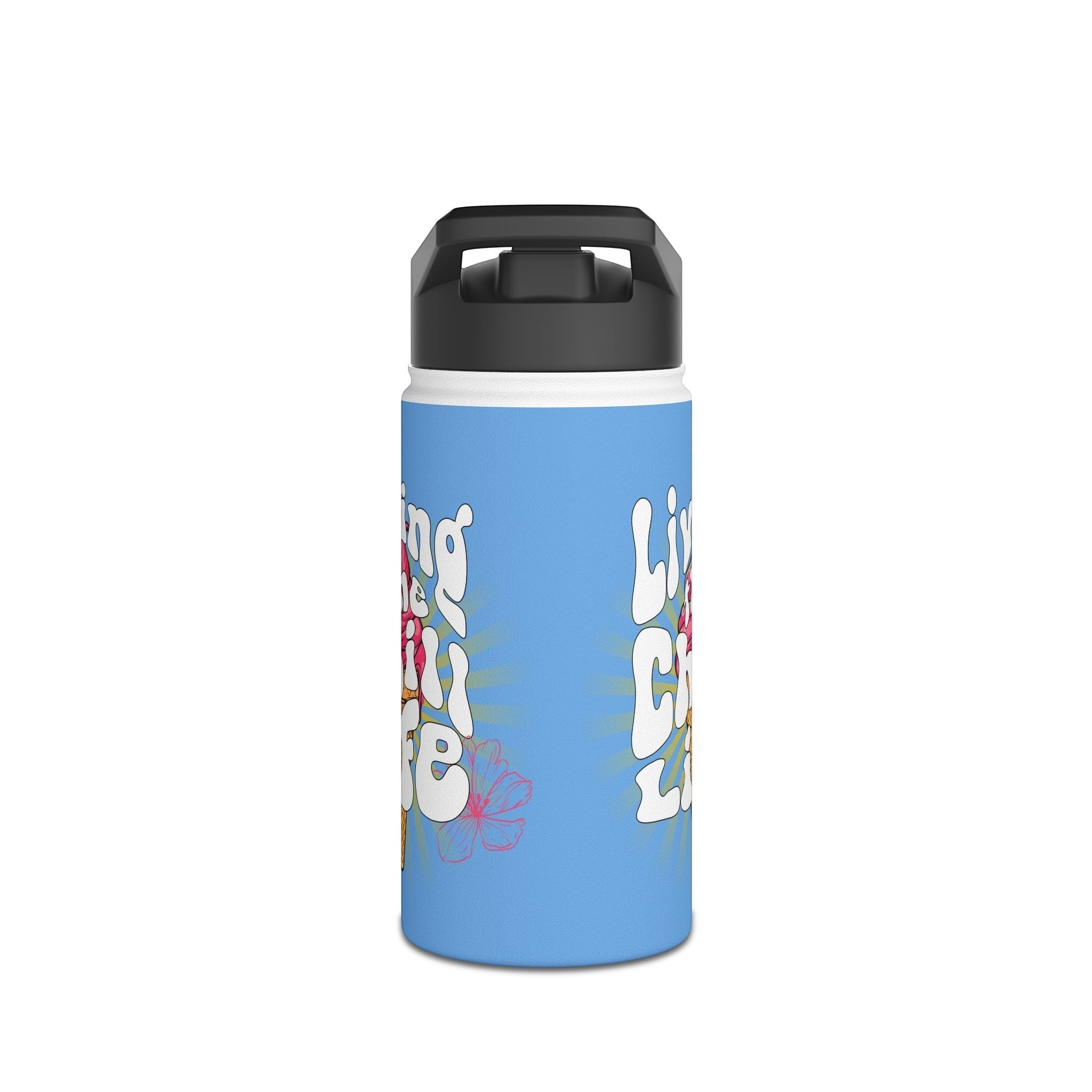 Capy Life personalized 12oz stainless steel kids water bottle in blue with retro ice cream and floral graphic design.