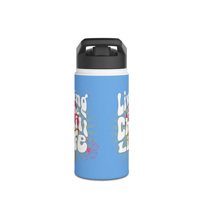 Capy Life personalized 12oz stainless steel kids water bottle in blue with retro ice cream and floral graphic design.
