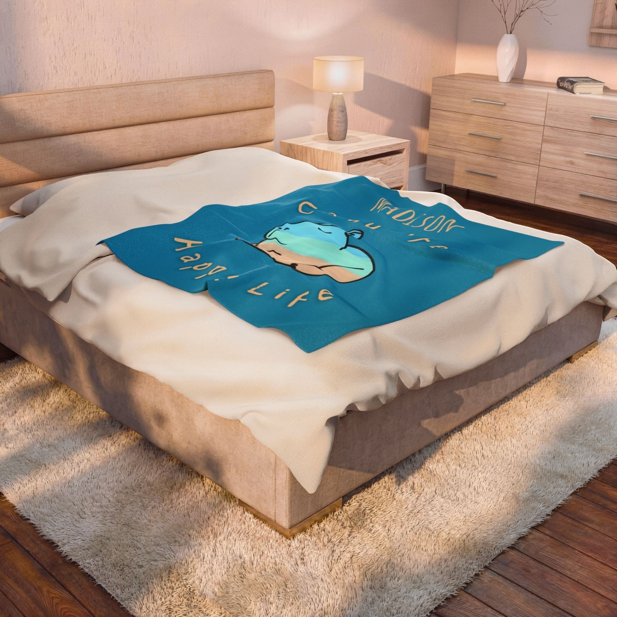 Capy Life personalized velveteen throw blanket with a beach-themed capybara illustration on a blue background.