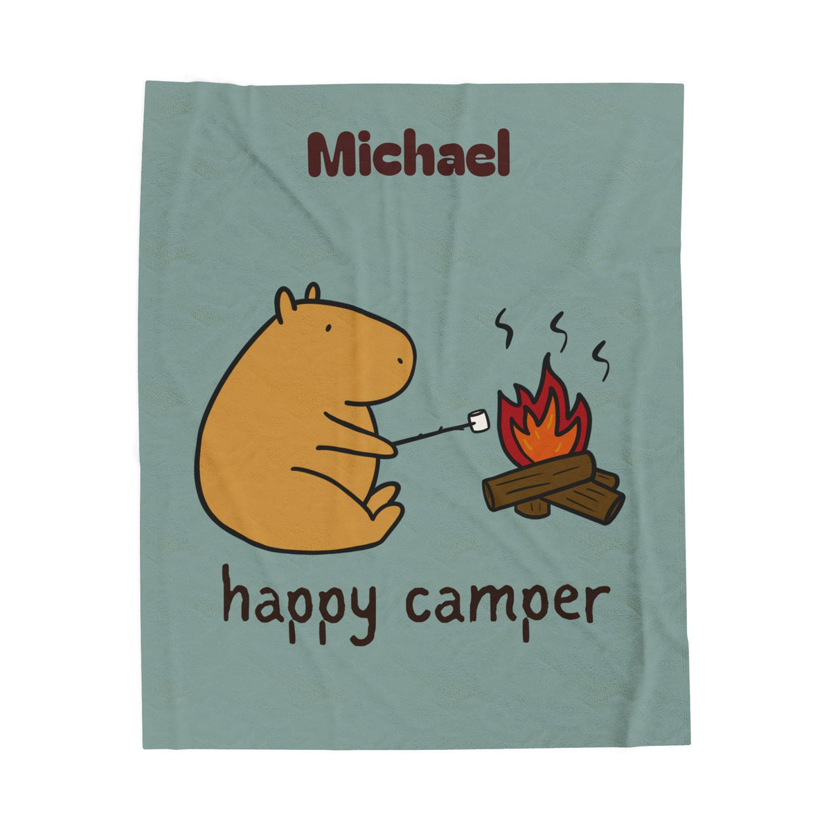 Capy Life personalized sage-green blanket featuring a cute capybara roasting a marshmallow by a campfire.
