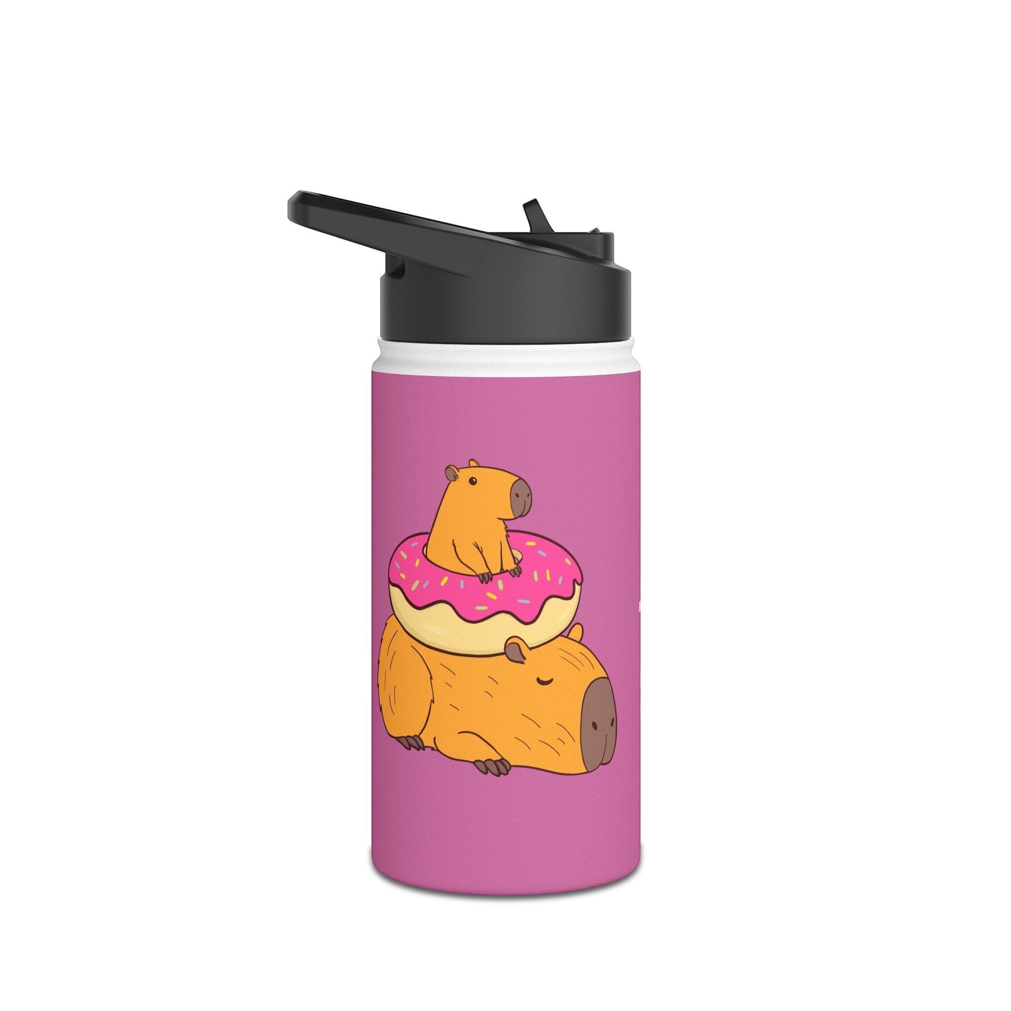 Capy Life personalized 12oz stainless steel water bottle with a cute capybara and donut print and flip straw lid.