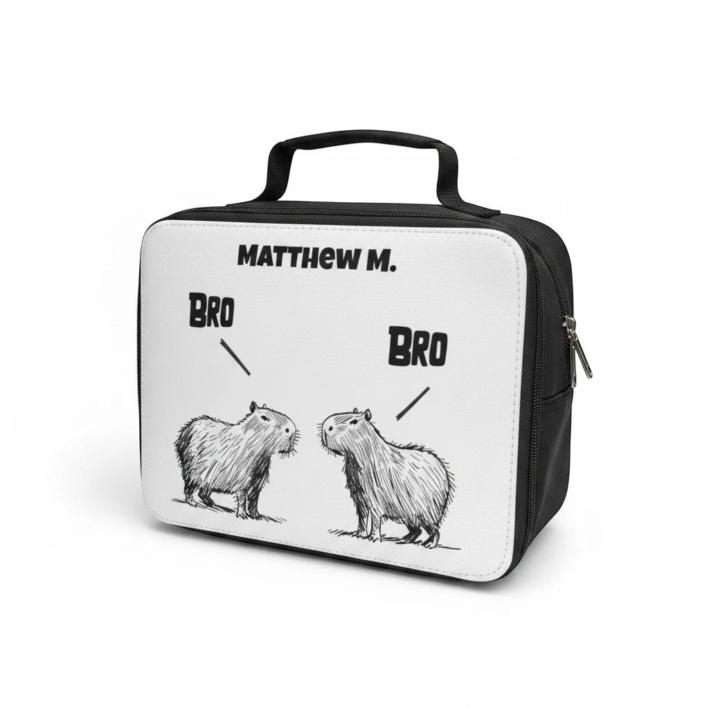 Capy Life personalized kids lunchbox featuring a hand-drawn illustration of two capybaras labeled Bro and a name.