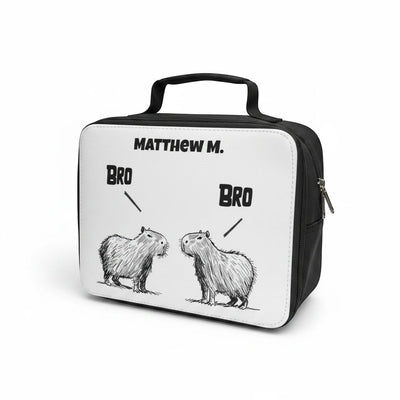 Capy Life personalized kids lunchbox featuring a hand-drawn illustration of two capybaras labeled Bro and a name.