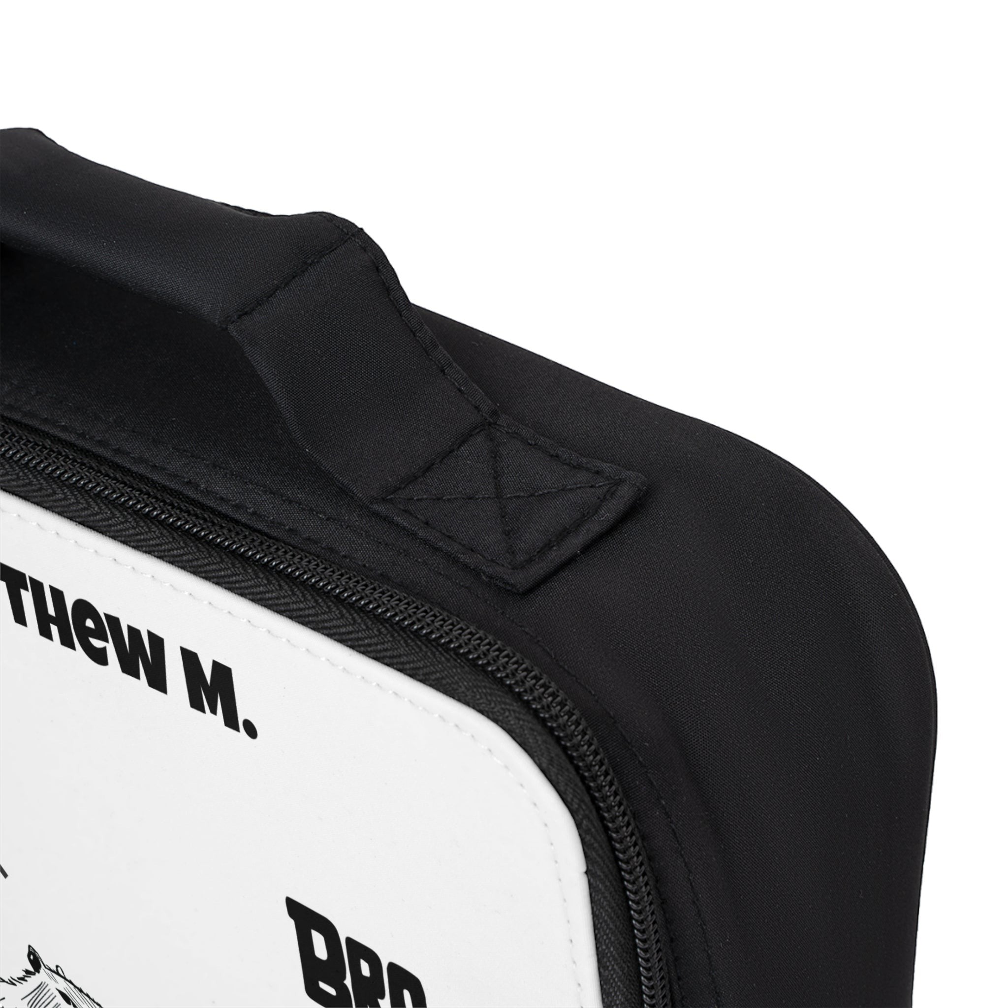 Capy Life personalized kids lunchbox with black fabric sides and a white front panel featuring capybaras saying Bro illustration.