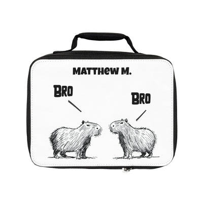 Capy Life personalized kids lunchbox featuring a hand-drawn illustration of two capybaras labeled Bro and a name.