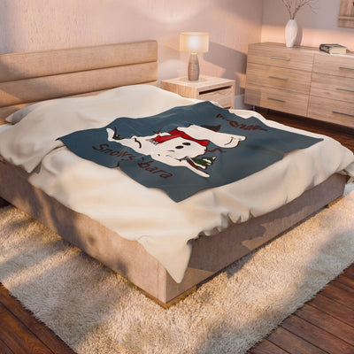 Capy Life personalized dusty blue blanket featuring a capybara snowman with a red scarf and top hat on a bed