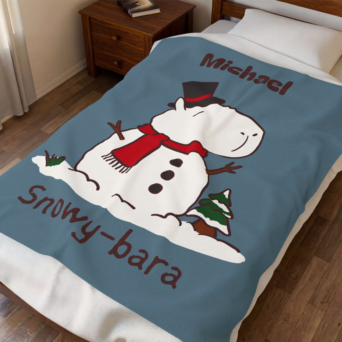 Capy Life personalized dusty blue winter blanket featuring a capybara snowman with a red scarf and top hat